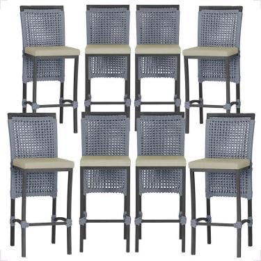 Imagem de 8 Banquetas Em Alumínio Roma Preta Corda Náutica Tecido 7 Prata