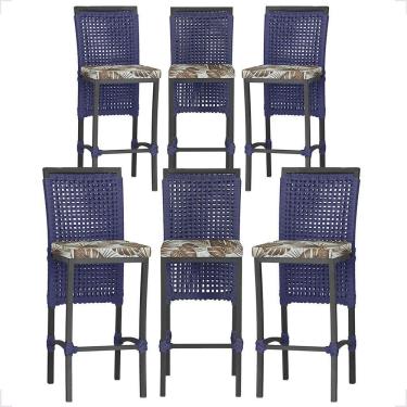 Imagem de 6 Banqueta Em Alumínio Roma Preta Corda Náutica Tecido 6 Azul