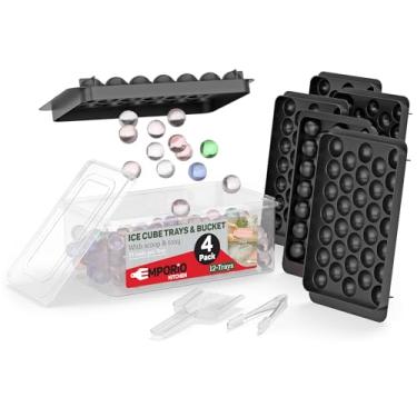Imagem de Conjunto de 4 bandejas redondas para cubos de gelo, sem BPA, tampa e pinça, 33 bolas de gelo por bandeja para uísque, café e coquetéis, congelamento rápido e fácil de soltar, preto empilhável