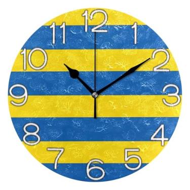Imagem de GAIGEO Relógio de parede decorativo analógico operado por bateria silencioso, relógio de cozinha, decoração de parede de casa de fazenda moderna, listras amarelas azuis, 25 cm, ponteiros pretos