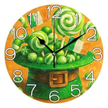 Imagem de GAIGEO Relógio de parede analógico decorativo relógio de cozinha rústico redondo sem tique-taque silencioso, decoração de parede moderna para sala de estar, chapéu de duende verde, doces, 25 cm