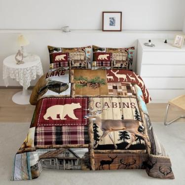 Imagem de Feelyou Jogo de cama king size com estampa de urso, rústica, para meninos, meninas, adolescentes, casa de fazenda, animais selvagens, marrom, vermelho, respirável, macio e leve de microfibra