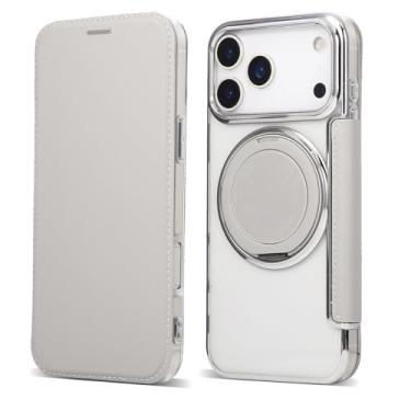 Imagem de Capa carteira para iPhone 17 Pro com 3 compartimentos para cartão, bloqueio RFID, suporte de anel giratório de 360° e compatibilidade magnética, capa traseira transparente à prova de choque, suporta