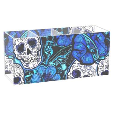 Imagem de TSENQUE Porta-lápis de acrílico com flores azuis engraçadas e caveiras de açúcar para mesa, suporte de pincel de maquiagem, fofo, personalizado, copo de caneta, suporte de arte, material de escritório
