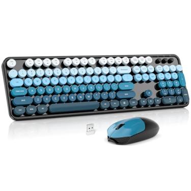 Imagem de Combo de teclado e mouse sem fio, teclado de computador redondo, retrô, máquina de escrever, tamanho completo, lindo mouse óptico sem fio, Plug and Play, para laptop, PC, computador, preto e azul