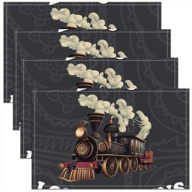 Imagem de Feelyou Jogo americano vintage para meninos, conjunto de 4 tapetes de mesa retrô com motor a vapor para crianças, adolescentes, ferrovia, veículo, locomotiva, transporte, tapete para cozinha, mesa de