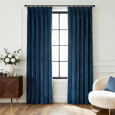 Imagem de Cortinas plissadas de veludo azul marinho com 244 cm de comprimento para sala de estar, cortinas blecaute de veludo com isolamento térmico, cortinas com anéis, moderno, costal, luxuoso, bloco de luz
