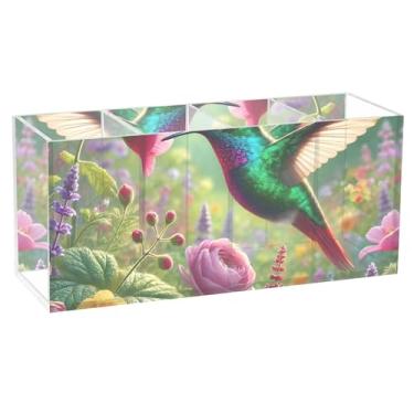 Imagem de TSENQUE Porta-lápis de mesa com flores de jardim de beija-flor vibrantes, personalizado, fofo, para mesa, acrílico, escritório, canetas, lápis, papelaria, decoração, material de escritório