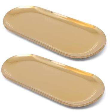Imagem de BENLIUDH 2 bandejas decorativas douradas, bandeja dourada de aço inoxidável, bandeja de banheiro para banheiro, bandejas organizadoras de cosméticos para decoração, para guardar perfume, chaves, vela