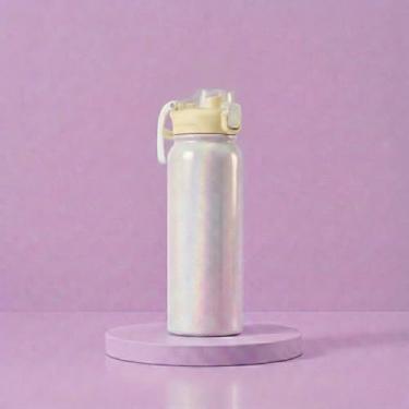 Imagem de Garrafa Térmica 550ml com Efeito Holográfico e Dupla Saída de Água | Canudo Retátil e Bico, Tampa Antivazamento e Alça (Amarelo)