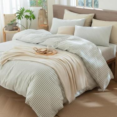 Imagem de CCoutueChen Conjunto de capa de edredom Queen listrada 100% algodão lavado, listras largas verdes e brancas, textura de linho, roupa de cama macia e respirável, durável, 3 peças (sem edredom)