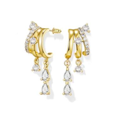 Imagem de Hefanny Brincos femininos empilhados triplos com corrente de ouro, brincos de zircônia cúbica fofa, joia delicada, presente, Medium, Cobre, Sem pedra preciosa