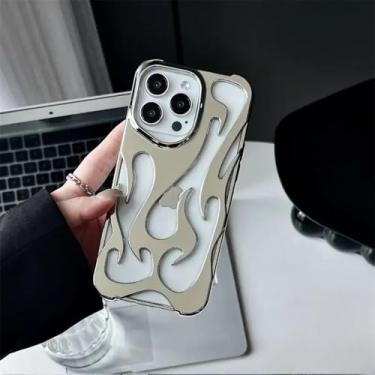 Imagem de Capa fina e oca com padrão de chamas 3D para iPhone 16, 15, 14, 13, 12, 11 Pro Max 15, 14, 16 Plus, capa protetora macia e à prova de choque, revestida em prata, para iPhone 14 Plus