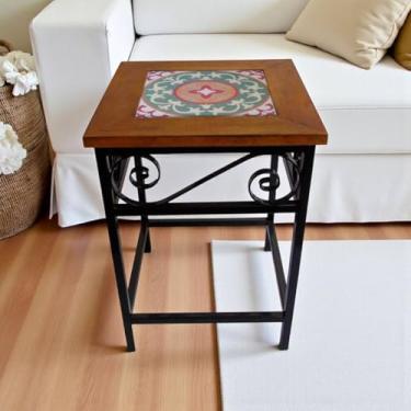 Imagem de Banquinho Rústico em Ferro e Madeira Maciça com Azulejo Decorativo – Banco Artesanal Estilo Industrial para Cozinha, Sala e Área Gourmet (4, G2)