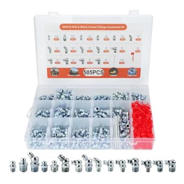 Imagem de PETOX Kit de acessórios de graxa 505 peças, sortimento métrico e SAE hidráulico Zerk de 1/10.2 cm 1/20.3 cm M6 M8 M10 com cotovelos retos de 45 e 90 graus, aço galvanizado