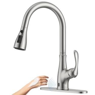 Imagem de APPASO Torneira de cozinha sem toque níquel escovado com pulverizador de puxar, torneira de cozinha mãos livres ativada por sensor de movimento, torneira de pia de cozinha inteligente de alça única