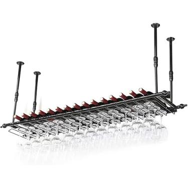 Imagem de Suporte de vinho retro tipo teto rack de vinho suporte de garrafa de vinho rack de copo de vinho rack de altura ajustável estantes de copos cálice (preto 120 × 30 cm)