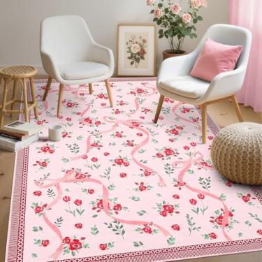 Imagem de GarveeHome Tapetes de Natal com laço vermelho para quarto de meninas, tapete lavável 7 x 12 cm para entrada com pelo baixo macio, tapete vermelho lavável floral para sala de estar, berçário, sala de