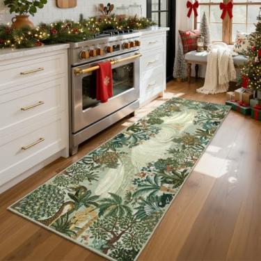 Imagem de GarveeHome Tapete de corredor lavável na selva de 5 x 15 cm para cozinha, tapete de corredor com estampa de animal macio, antiderrapante, verde, tapete de entrada para casa de fazenda, tapete