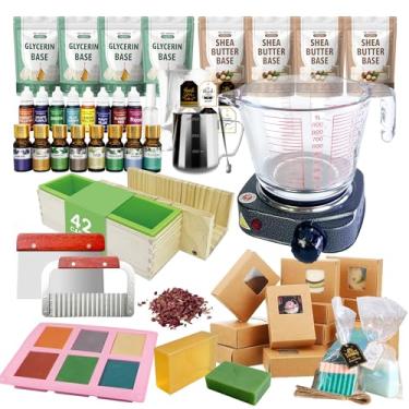 Imagem de VUSIBA Kit de suprimentos de luxo para fabricação de sabão para adultos, kits tudo-em-um para fazer sabão com sabonete, base de sabão de 2 kg, 8 óleos essenciais, 8 corantes, moldes de silicone