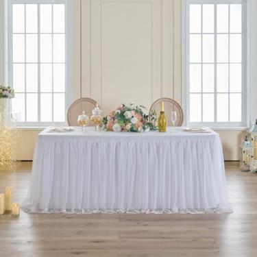 Imagem de leegleri 1 toalha de mesa de tule branca de 1,8 m para mesas retangulares, capas de mesa 2 em 1 com saia de tule, toalhas de mesa de tule elásticas sem rugas, adequadas para festas de casamento e