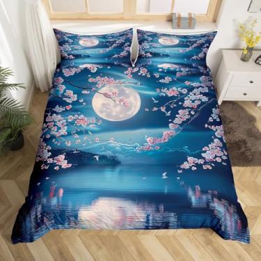 Imagem de Conjunto de capa de edredom de flor de cerejeira, tamanho casal, conjunto de cama romântico floral japonês Ukiyo-e Sakura, decoração de quarto de meninos e meninas, capa de edredom com paisagem de lua