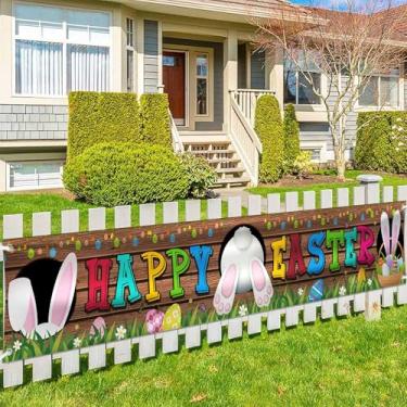 Imagem de Happy Easter Banner Decorações Placa de pátio de Páscoa 304,8 cm x 50,8 cm Suprimentos de festa de Páscoa para decoração de primavera Páscoa ao ar livre jardim interno gramado quintal varanda cerca