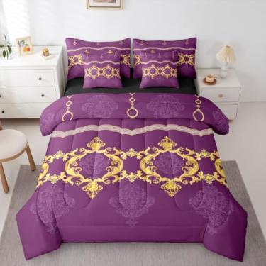 Imagem de Erosebridal Conjunto de edredom damasco gótico ouro branco roxo tamanho Queen 7 peças | Conjunto de cama estética Paisley em uma bolsa, estilo vitoriano, barroco, para adultos e adolescentes