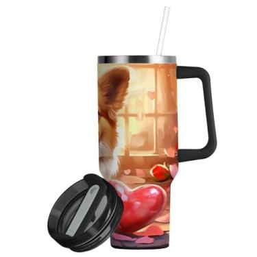 Imagem de ATTX Copo para cães de 850 g com alça, copo de aço inoxidável a vácuo de parede dupla com palha, caneca de café isolada para viagem #168