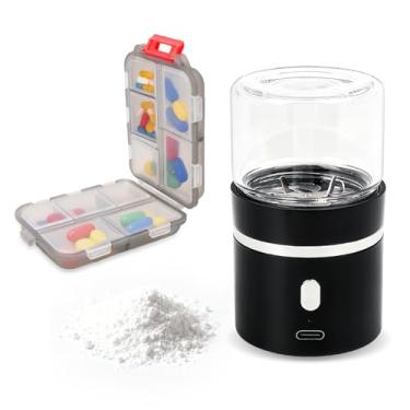 Imagem de Vnsod Mini triturador elétrico de comprimidos com organizador de comprimidos, recarregável e lavável, moer e pulverizar comprimidos pequenos e grandes para pó fino, portátil e fácil de operar