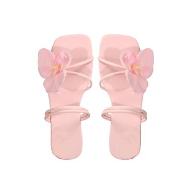 Imagem de GORGLITTER Sandálias femininas douradas com bico quadrado 3D floral floral sem cadarço para férias praia na moda, Flor rosa, 39