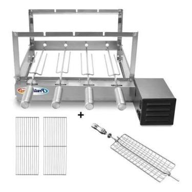Imagem de Kit Churrasqueira Giratória 4 Espetos Elétrica Rotativa Inox 430 Bivol