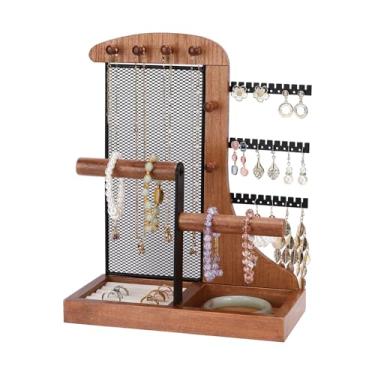 Imagem de Mightree Suporte organizador de joias com bandeja de anel de veludo e moldura de metal de estudo para colar, brincos, pulseiras, anéis, exibição de perfume, árvore de armazenamento de torre de joias