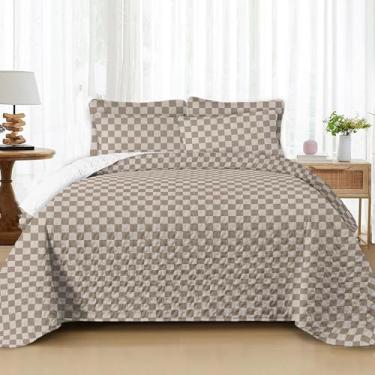 Imagem de REPRECONF Conjunto de colcha quadriculada ultramacia, tamanho king, leve, respirável, edredom acolchoado para todas as estações, reversível, 3 peças (1 colcha, 2 fronhas) cáqui