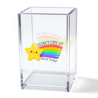 Imagem de Vgrti Didn't Cry at Work Today Copo de acrílico para lápis cosmético, organizador de mesa com estrela dourada engraçada para decoração de escritório em casa, presentes de coordenador de caos