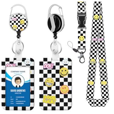 Imagem de Cordão para crachá de identidade, carretel quadriculado, rosto sorridente para homem, mulher, fofo, enfermeira, professor, nome, etiqueta, clipe retrátil, chaveiro resistente, trabalho, escritório