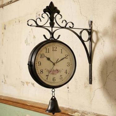 Imagem de Relógio Dupla Face Floral Parede Estação Trem Com Sino Preto - Genéric