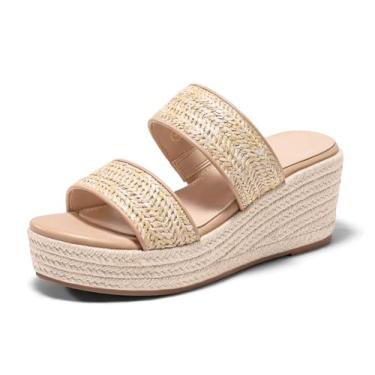 Imagem de Coutgo Sandálias femininas plataforma plataforma alpargatas duas faixas salto aberto sapatos verão praia férias, Caqui, 41