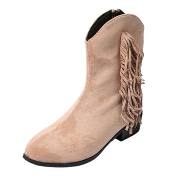 Imagem de Botas femininas casuais de cano médio com borla e zíper lateral salto grosso para estilo de inverno e uso ao ar livre, Caqui, 36