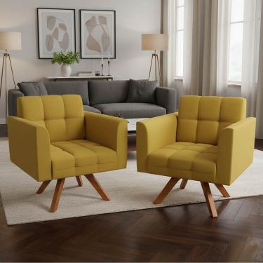 Imagem de Poltrona Sala Decorativa Kit 2 Elisa Giratória Castanho MM30 Veludo Mostarda D03 - D'Rossi