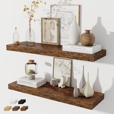 Imagem de Prateleiras flutuantes para parede, conjunto de 2 prateleiras flutuantes de 81 cm, prateleira de madeira rústica montada na parede para banheiro, sala de estar, quarto e cozinha, prateleira suspensa