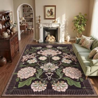 Imagem de GarveeHome Tapete floral rosa ameixa lavável 12 x 18 cm para sala de estar, preto roxo vintage boho tapete de pêlo baixo para quarto de jantar, berçário
