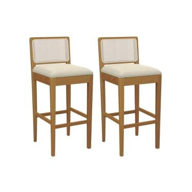 Imagem de Banqueta Cozinha Sara 1BMM005CA Premium Madeira Maciça Kit 2 Un Carvalho/Linho Bege Argila/Tela Bege Kappesberg