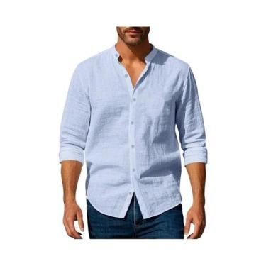 Imagem de Camisa Masculina Slim Fit De Algodão E Linho Com Gola Henley, Leve, Re
