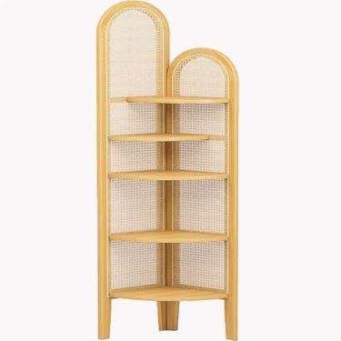 Imagem de Estante de canto de 5 camadas - Moldura de madeira maciça e trama de vime - Rack de armazenamento de canto alto para decoração e organização de casa - Perfeito para espaços pequenos (amarelo)