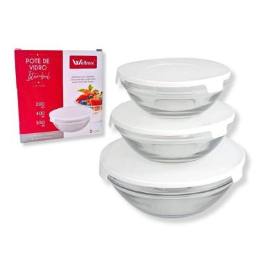 Imagem de Conjunto 3 Potes Tigela De Vidro 200ml 400ml 550ml Tampa E Trava Branca De Plástico Armazenar Comida Geladeira Salada