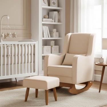 Imagem de Poltrona Amamentação Encosto Alto Com Balanço Naná E Puff Linho Bege - Pallazio