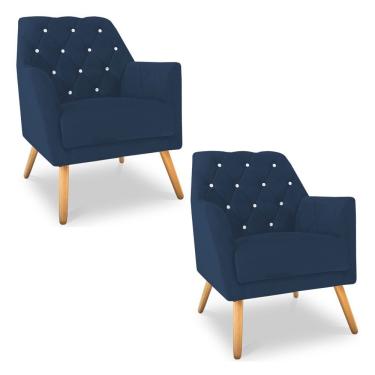 Imagem de Kit 2 Poltronas Velvet Strass Veludo Pés De Madeira Azul Marinho - Pallazio