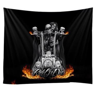 Imagem de Tapeçaria de parede em preto e branco, psicodélico, esqueleto de Hallo