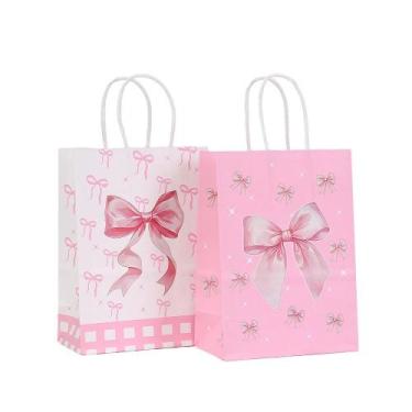 Imagem de Sacos de papel Kraft Pink Bow para festas, pacote com 24, 21x15x8cm - 